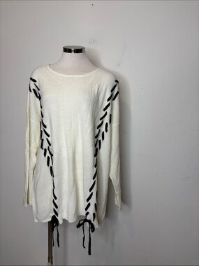 Roz & Ali Cream Crewneck Sweater with Black Lace Trim